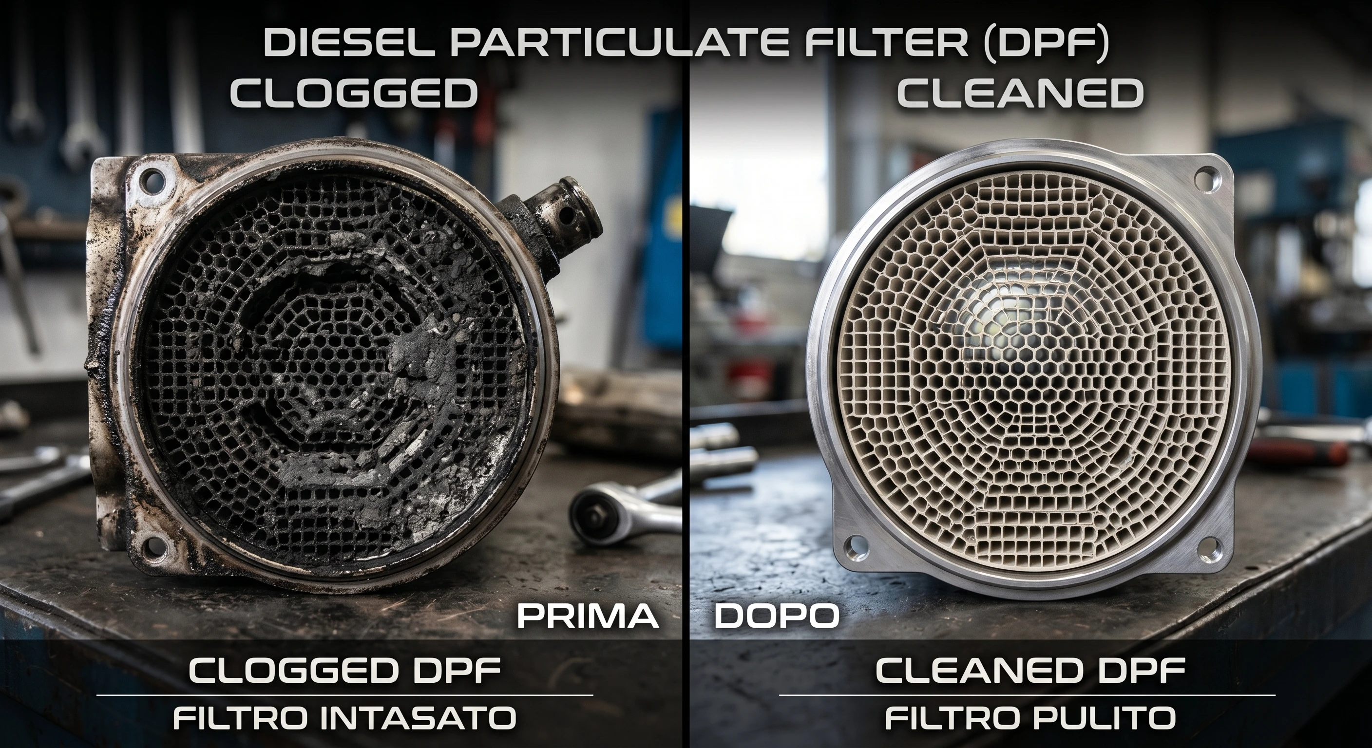 Filtro antiparticolato prima e dopo la pulizia